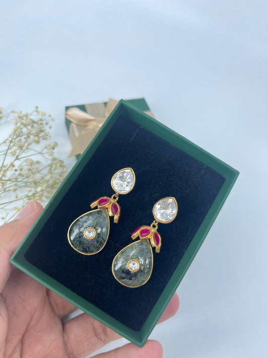 elegant labradorite kundan studded & ruby stone drop earring
