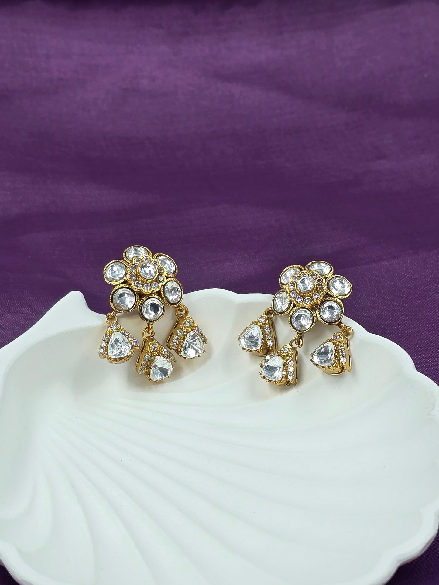 Gold-Plated Polki Floral Drop Earrings