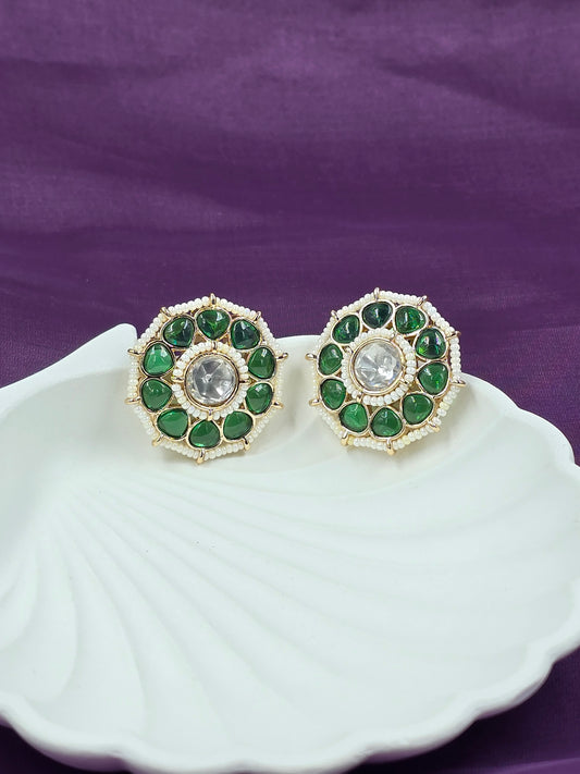 Green Kundan Floral Stud Earrings