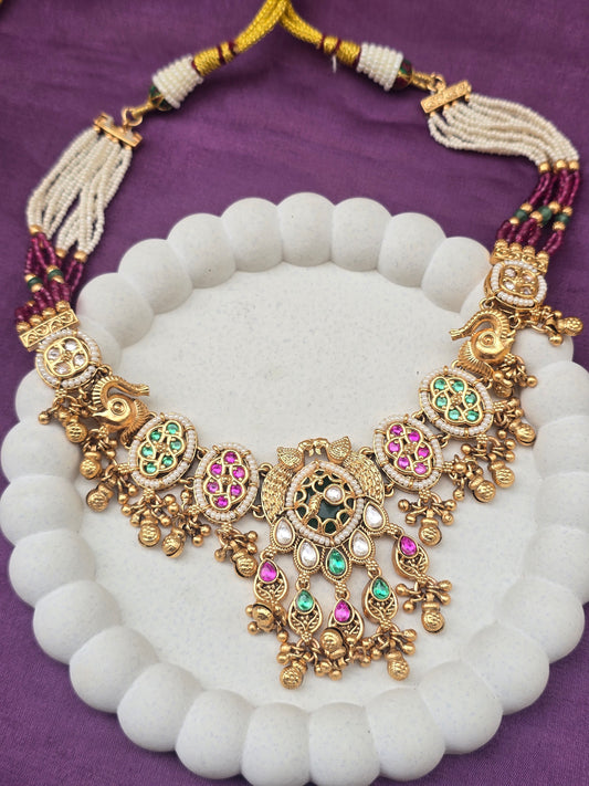 Antique Temple Necklace with Multicolour Stone Detailing