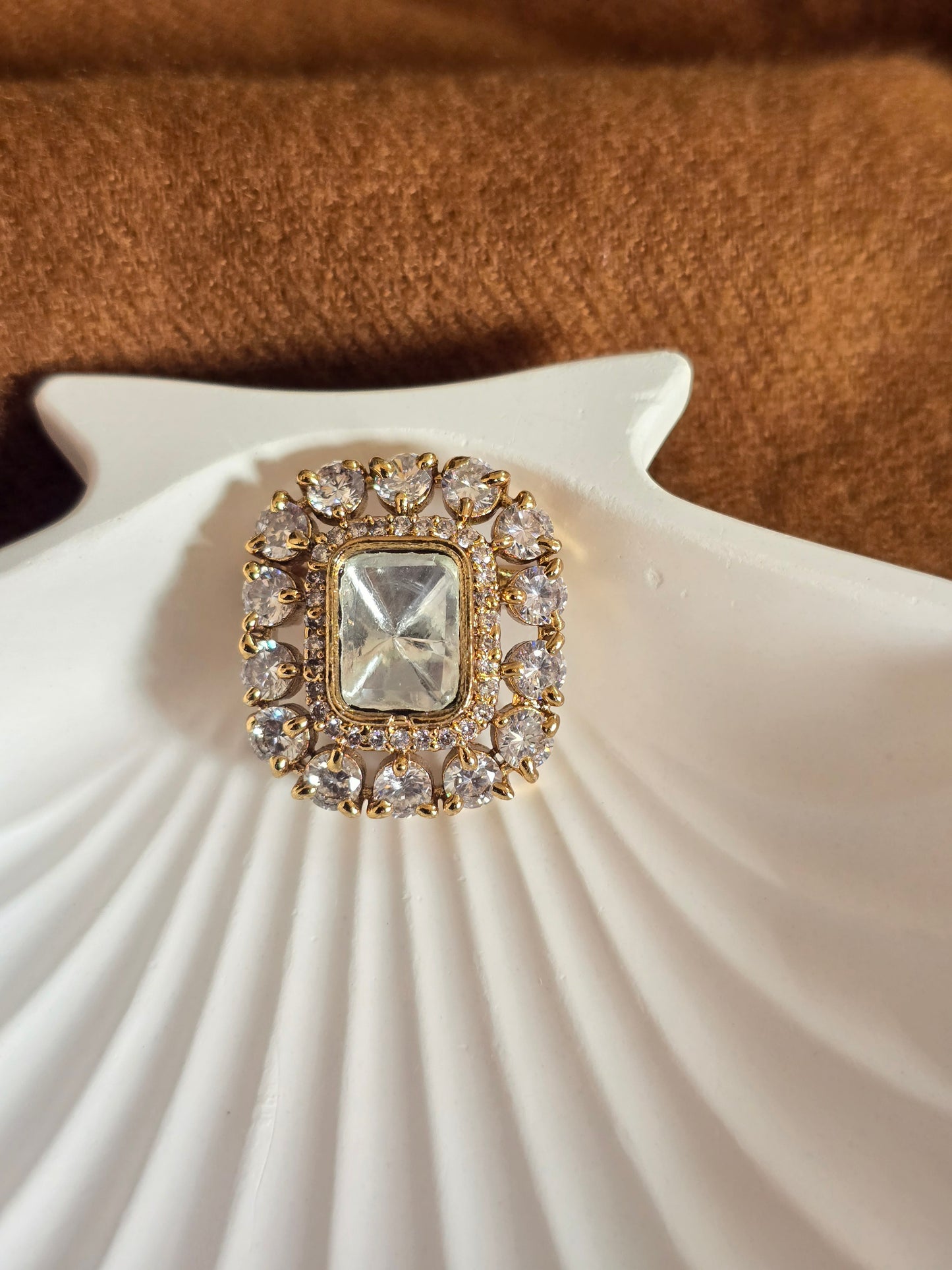Polki Crystal Square Brooch in Golden Finish