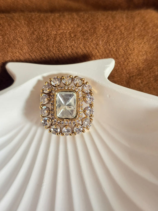 Polki Crystal Square Brooch in Golden Finish