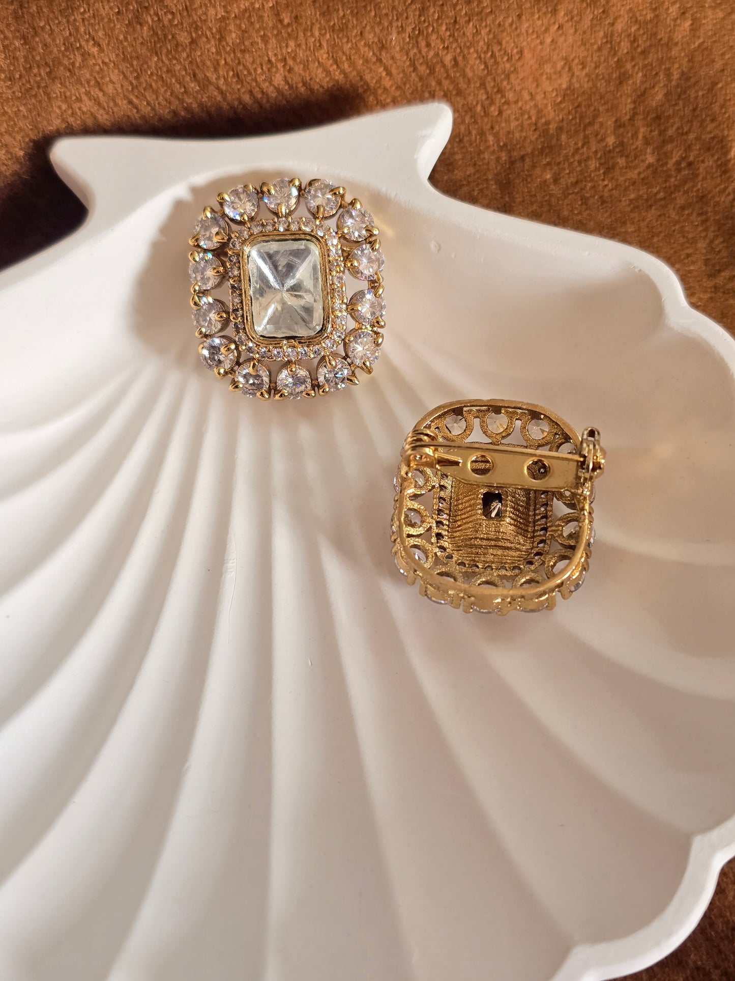 Polki Crystal Square Brooch in Golden Finish
