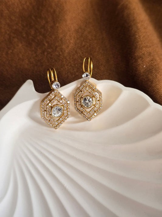 Polki Geometric Bugadi Earrings in Golden Finish