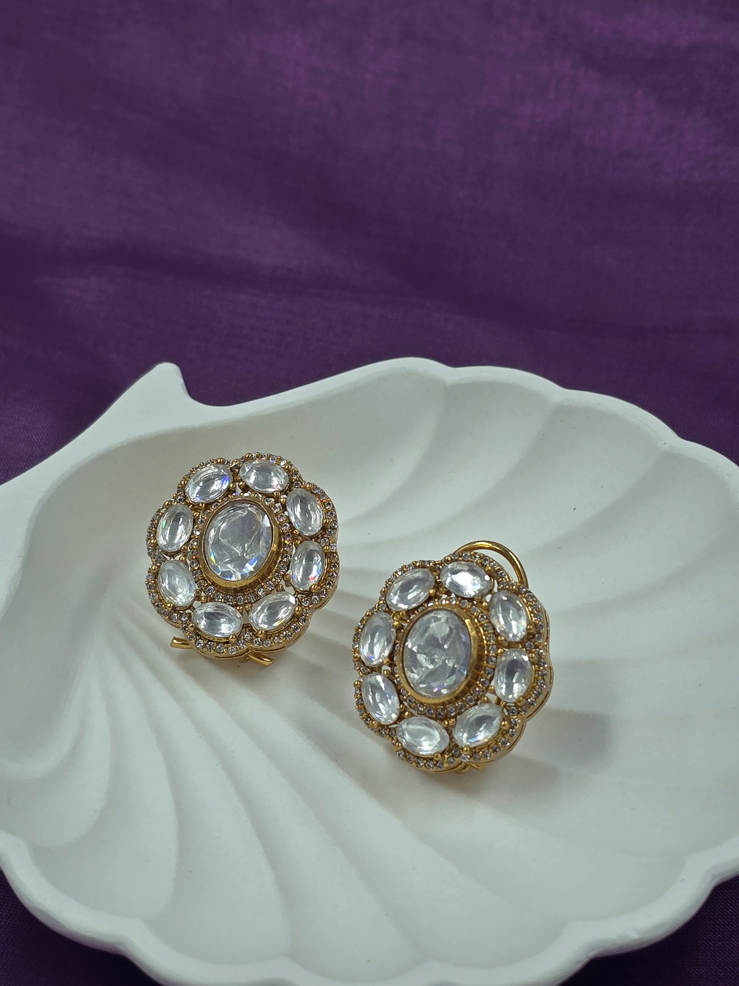 Gold-Plated Oval Polki Statement Stud Earrings