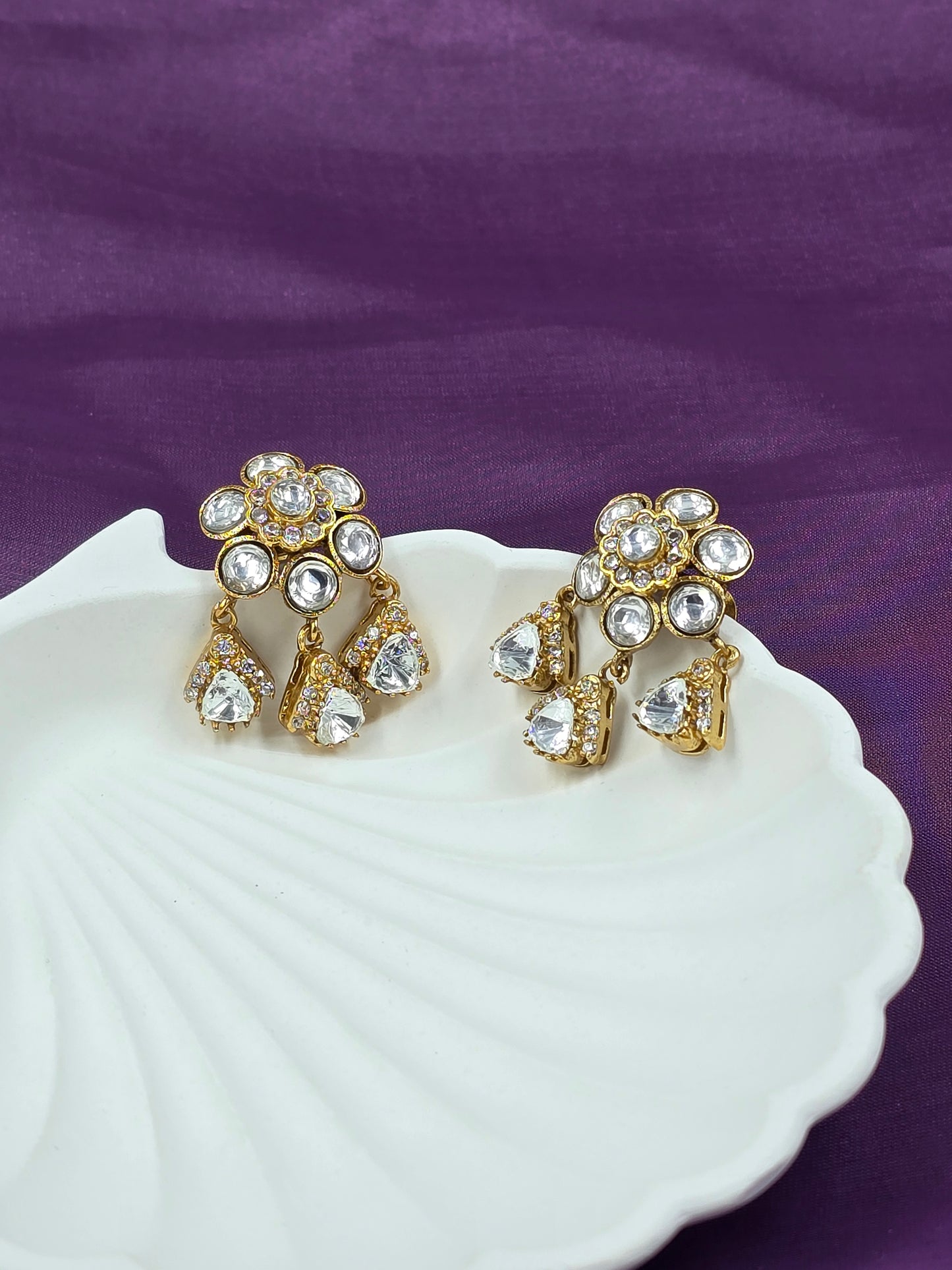 Gold-Plated Polki Floral Drop Earrings