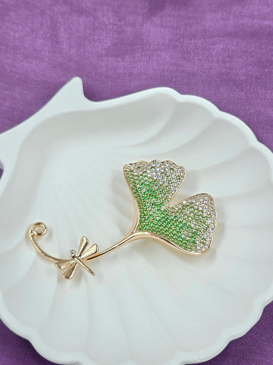 Gold-Tone Leaf Pin with Green and White Crystals